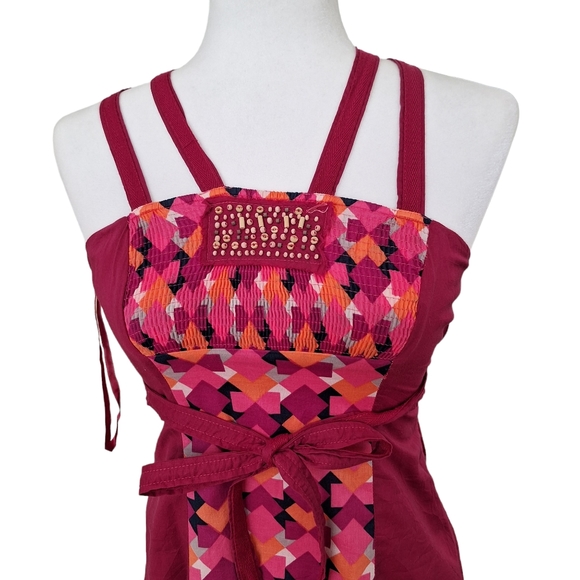 Free People Fun Boho Smocked Beaded Tie Back Pink Cotton Sleeveless Tunic Top 2 - Picture 2 of 9